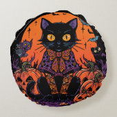 ハロウィン,カボチャ畑をうろつく者,黒猫 ラウンドクッション (裏面)