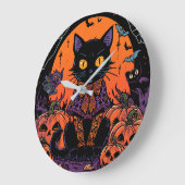 ハロウィン,カボチャ畑をうろつく者,黒猫 ラージ壁時計 (傾斜)