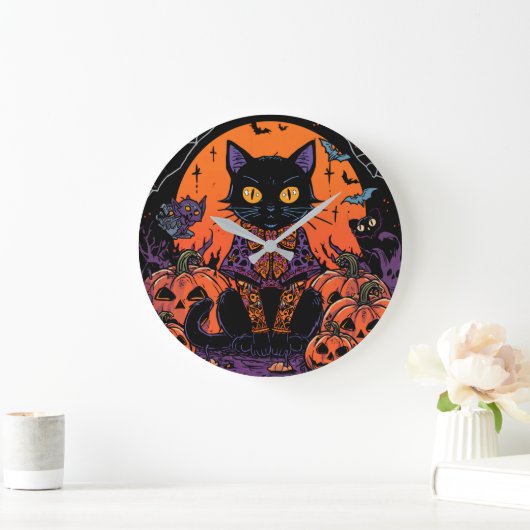 ハロウィン,カボチャ畑をうろつく者,黒猫 ラージ壁時計 (ホーム)