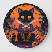 ハロウィン,カボチャ畑をうろつく者,黒猫 ラージ壁時計 (正面)