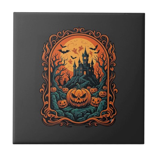 ハロウィン カボチャ お化け屋敷 満月 コウモリ タイル (正面)