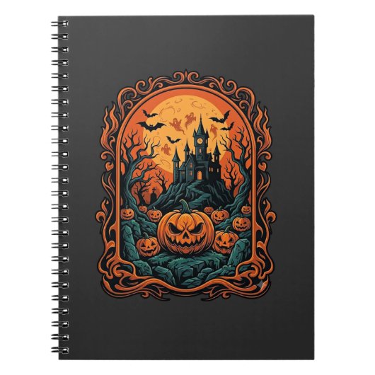 ハロウィン カボチャ お化け屋敷 満月 コウモリ ノートブック (正面)