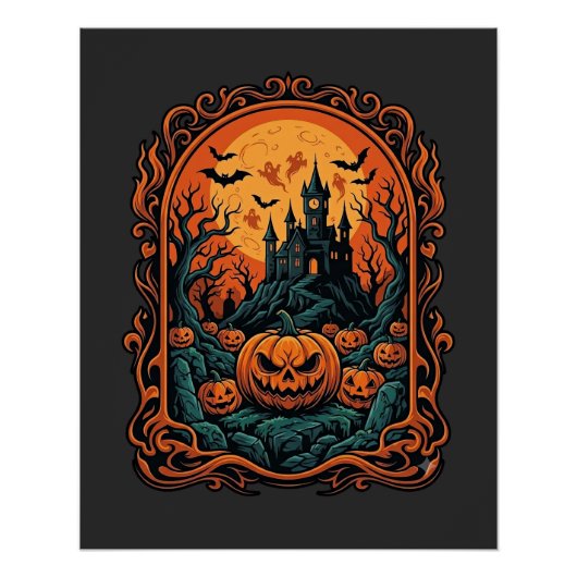ハロウィン カボチャ お化け屋敷 満月 コウモリ ポスター (正面)