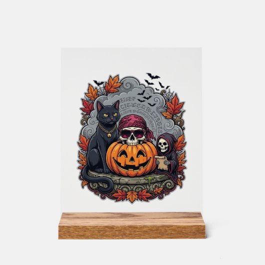 ハロウィン カボチャ 猫 ドクロ 死神 秋 紅葉 アクリルサイン (正面)
