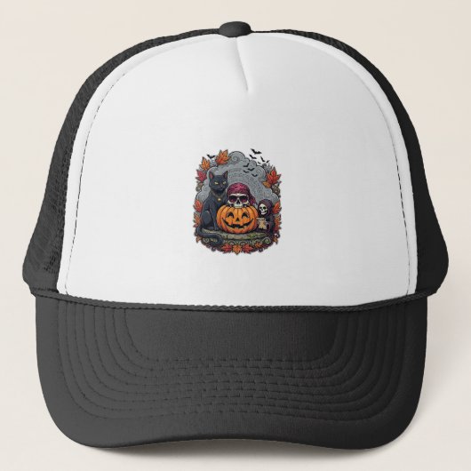 ハロウィン カボチャ 猫 ドクロ 死神 秋 紅葉 キャップ (正面)