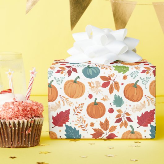 ハロウィン カラフルなパンプキンと葉 ラッピングペーパー (誕生日パーティー)