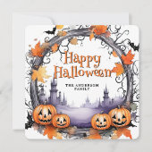 ハロウィン カード 水彩画のかぼちゃとコウモリ (正面)