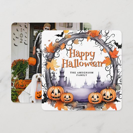 ハロウィン カード 水彩画のかぼちゃとコウモリ (正面/裏面)