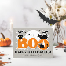 ハロウィン カード 黒猫とコウモリの「Boo!」ポストカード