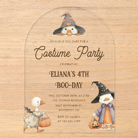 ハロウィン+ガチョウ+子供+誕生日+コスチューム+パーティー アクリル招待状 (正面)