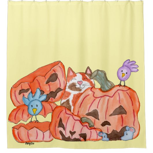 ハロウィン+キティ&壊れたパンプキン シャワーカーテン (正面)