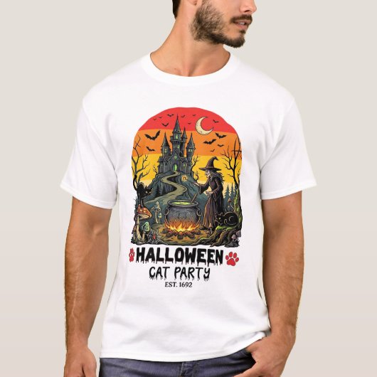 ハロウィン キャット パーティー 魔女の鍋 黒猫の脅かし Tシャツ (正面)
