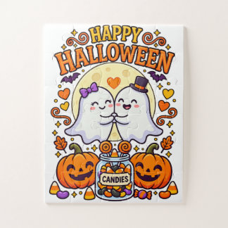 ハロウィン キャンディーと幸せなオバケのカップル ジグソーパズル