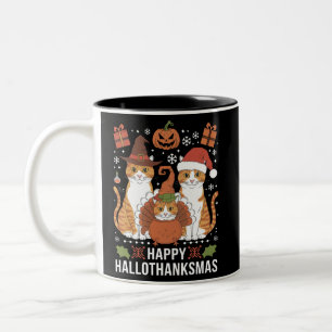 ハロウィン+クリスマスの幸せな猫 ハロウィン クリスマス ツートーンマグカップ