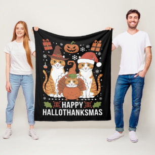 ハロウィン+クリスマスの幸せな猫 ハロウィン クリスマス フリースブランケット