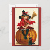 ハロウィン・グリーティングヴィンテージ・ガール&キャット ポストカード (正面/裏面)