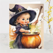 ハロウィン グリーティング カード かわいい小さな魔女 (黄色い花)