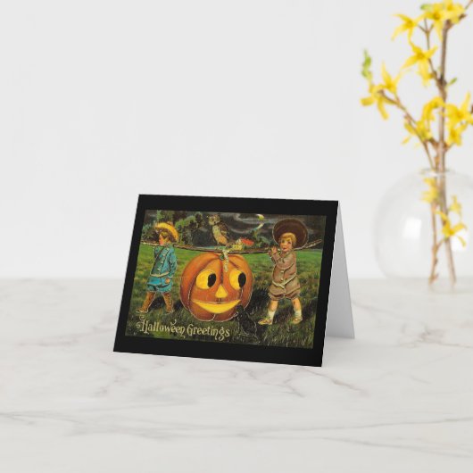 ハロウィン グリーティング ボーイズ ジャック オー ランタン ビンテージ カード (黄色い花)