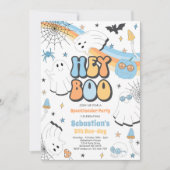 ハロウィン グルーヴィー かわいい ゴースト ヘイ ブー 誕生日パーティー 招待状 (正面)