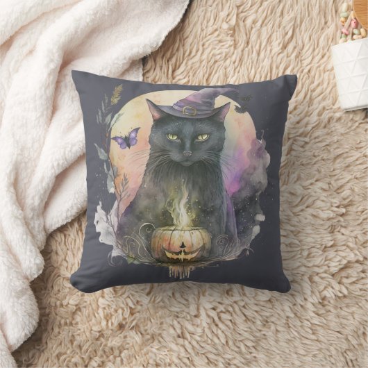 ハロウィン グレー セレステ 魔法の黒猫と魔女の帽子 クッション (ブランケット)