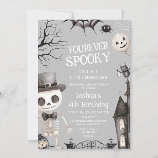 ハロウィン グレー 男の子 フォーエバー スプーキー 4歳の誕生日 招待状 (正面)