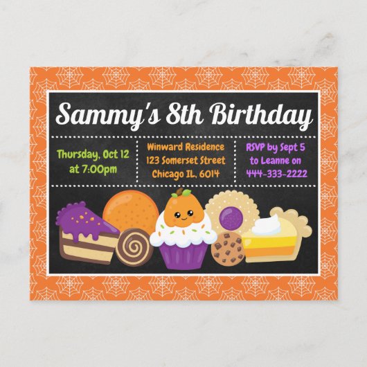 ハロウィン ケーキとお菓子 誕生日パーティーの招待状 ポストカード (正面)