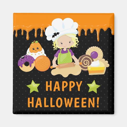 ハロウィン ケーキと焼き物 ブロンドの女の子 マグネット (正面)