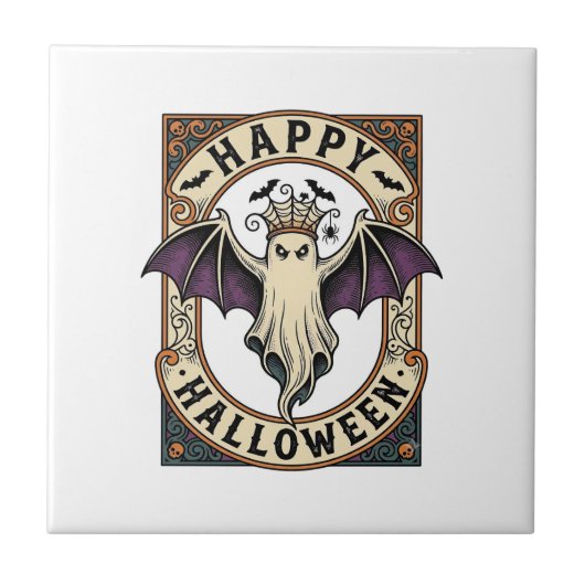 ハロウィン コウモリ おばけ レトロ風 彫刻Tシャツ_1 タイル (正面)
