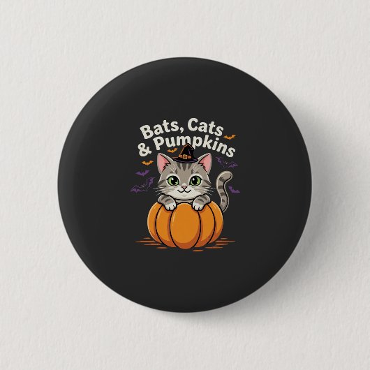 ハロウィン コウモリ 猫 カボチャ かわいい子猫のデザイン 缶バッジ (正面)