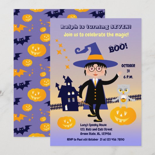 ハロウィン コスチューム 男の子 魔法使い 誕生日 パーティー 招待状 (正面/裏面)