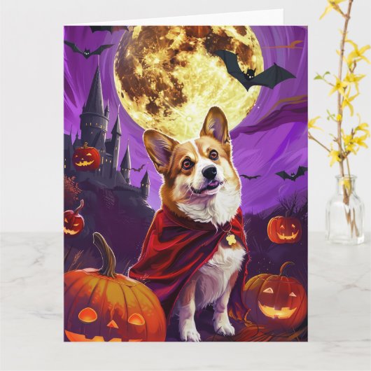 ハロウィン コーギー ヴァンパイア かぼちゃ 怖い カード (黄色い花)
