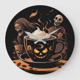 ハロウィン コーヒーアート - スケルトンの入った不気味なラテ ラージ壁時計