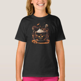 ハロウィン コーヒーアート - スケルトンの入った不気味なラテ Tシャツ