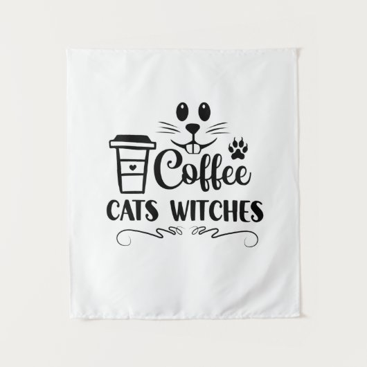ハロウィン コーヒー 猫 魔法使い 誕生日 タペストリー (正面)