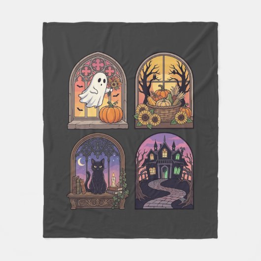 ハロウィン ゴシック 窓 幽霊 かぼちゃ 黒猫 フリースブランケット (正面)