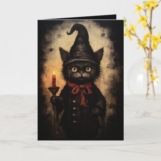ハロウィン・ゴス・オカルトのための黒猫デザイン, 黒猫のゴシックデザイン カード (黄色い花)
