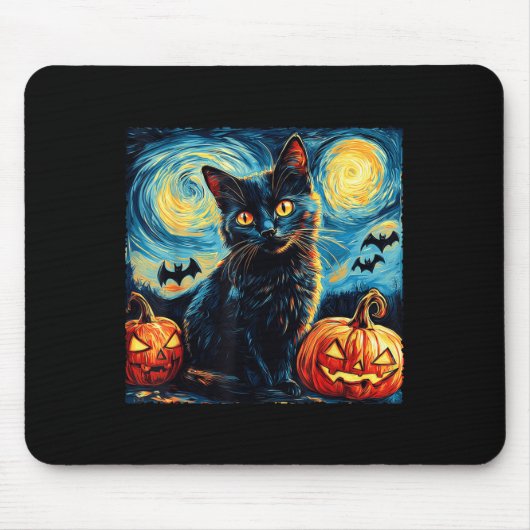 ハロウィン ゴッホ 星月夜 黒猫 かぼちゃ マウスパッド (正面)