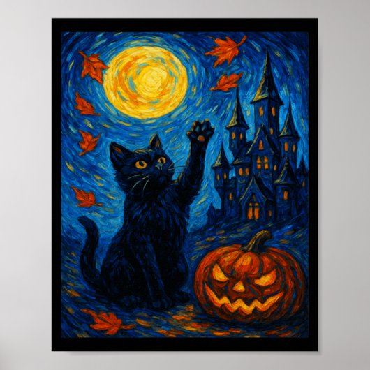 ハロウィン ゴッホ 星月夜 黒猫 カボチャ ポスター (正面)