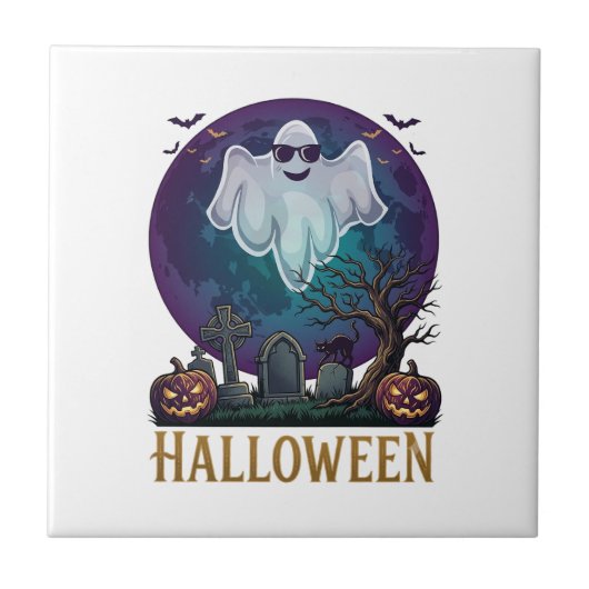 ハロウィン ゴースト サングラス パープル 月 墓地_1 タイル (正面)