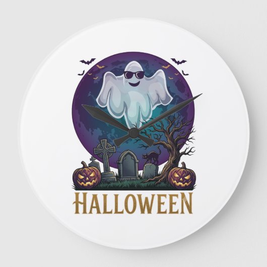 ハロウィン ゴースト サングラス パープル 月 墓地_1 ラージ壁時計 (正面)