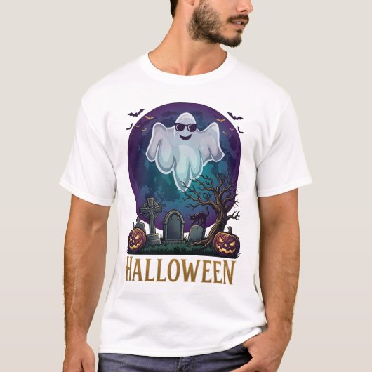 ハロウィン ゴースト サングラス パープル 月 墓地_1 Tシャツ (正面)
