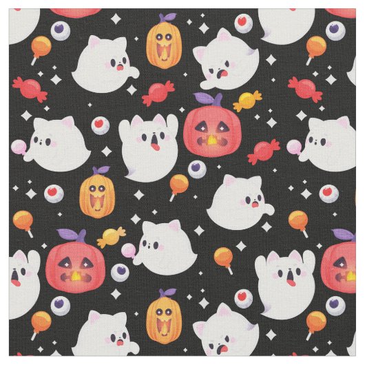 ハロウィン ゴースト 猫 かぼちゃ キャンディー スプーキー かわいい ファブリック (クローズアップ)