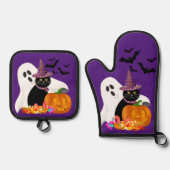 ハロウィン ゴースト 黒猫 紫 鍋つかみ&鍋敷きセット (正面)