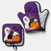 ハロウィン ゴースト 黒猫 紫 鍋つかみ&鍋敷きセット (正面/裏面)