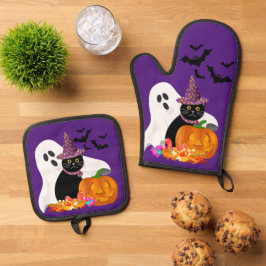 ハロウィン ゴースト 黒猫 紫 鍋つかみ&鍋敷きセット
