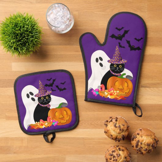 ハロウィン ゴースト 黒猫 紫 鍋つかみ&鍋敷きセット (トップダウン)