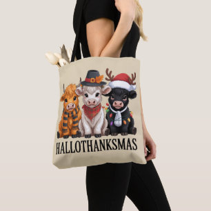 ハロウィン+サンクスギビング+クリスマスの秋の牛の怖い季節の農家のクリスマス トートバッグ
