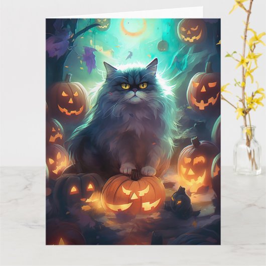 ハロウィン シベリアンキャット かぼちゃ スケアリー カード (黄色い花)