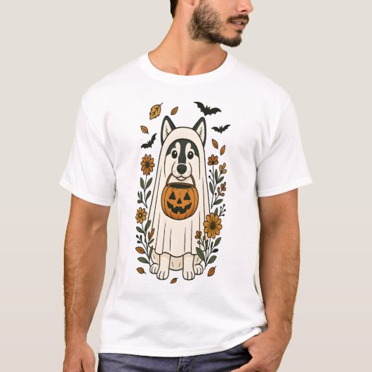 ハロウィン シベリアンハスキー フラワー Tシャツ (正面)