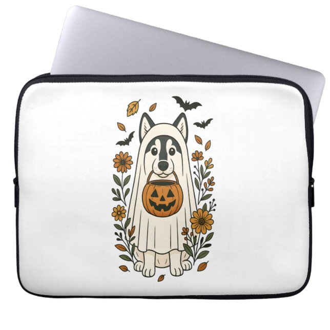ハロウィン シベリアンハスキー 花 ラップトップスリーブ (正面)